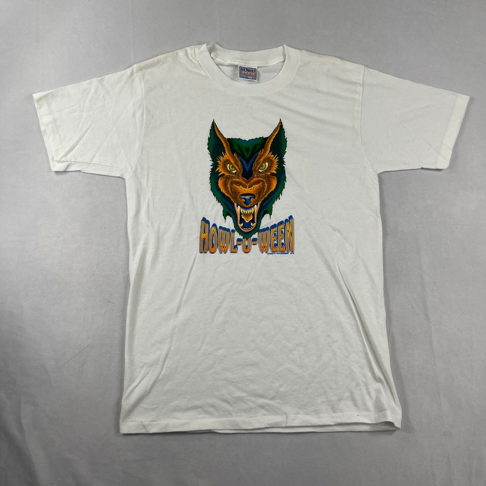 All Sport T-Shirt Vintage 90s Howl-O-Ween Werewolf Graphic White Men Medium‎